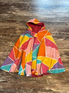 Kids Rainbow Geo Hooded Fleece Cape Jacket Multicolor Winter Fall Warmth Coat